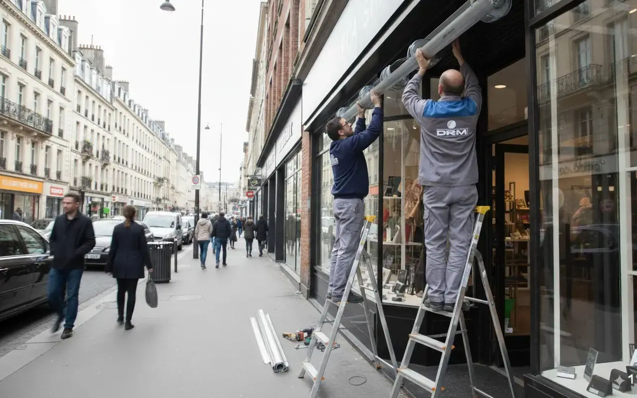 Installation rideau métallique commerce — pose sur-mesure DRM France Versailles