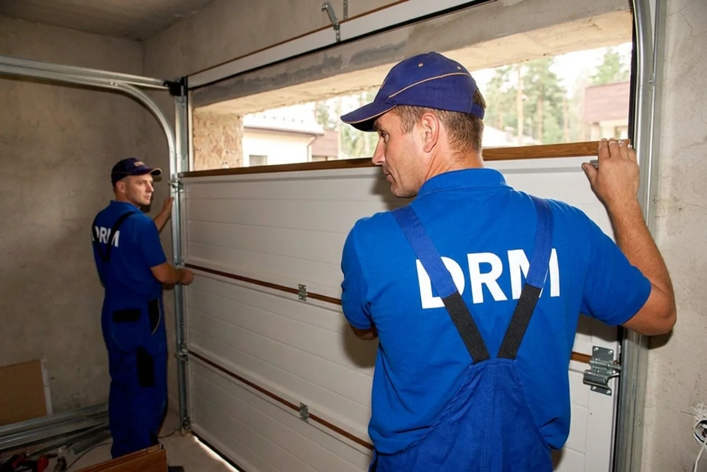 Installation d'une porte sectionnelle par deux techniciens DRM